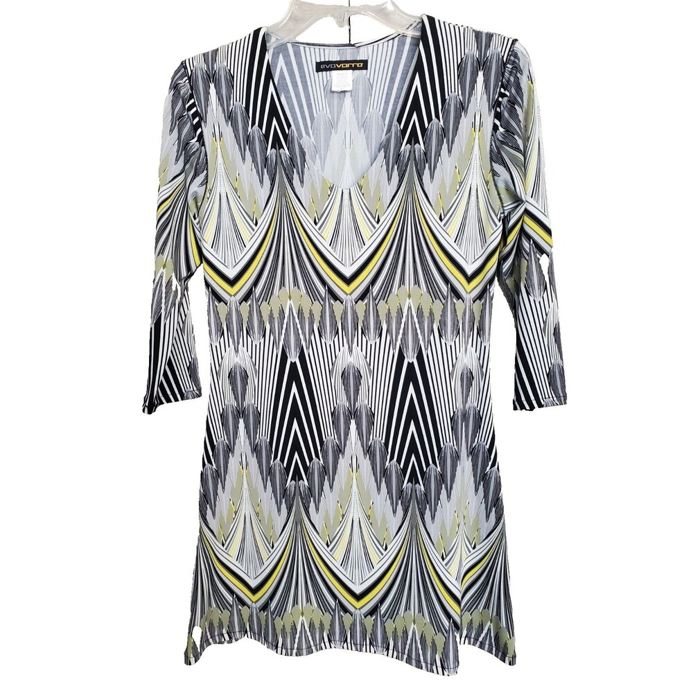 Eva Varro Art Deco Geometric Print V-Neck 3/4 Sleeve Tunic Size Small Artsy